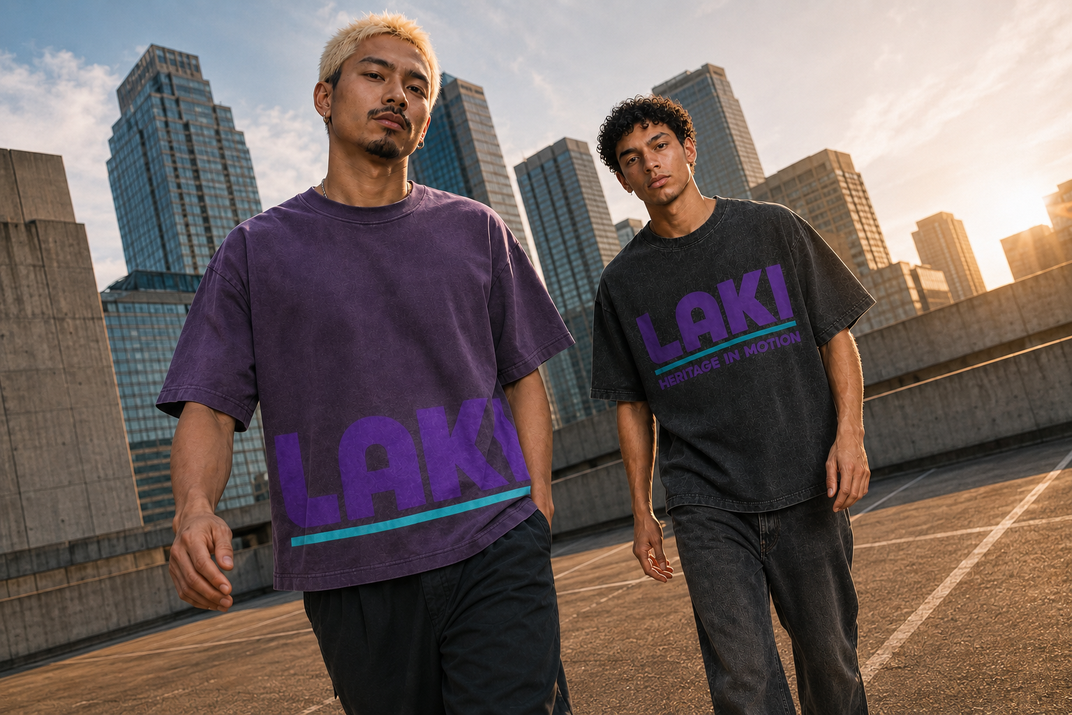 Both LAKI models wearing the Low Signal and Washed Signal T-shirts together on a Melbourne rooftop