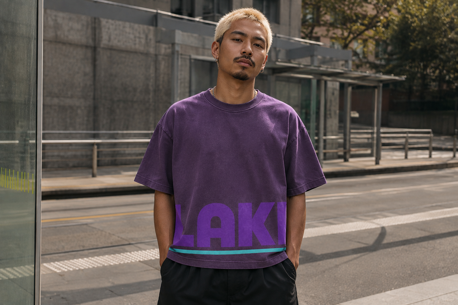 front view of the LAKI LOW SIGNAL T-shirt on the same model