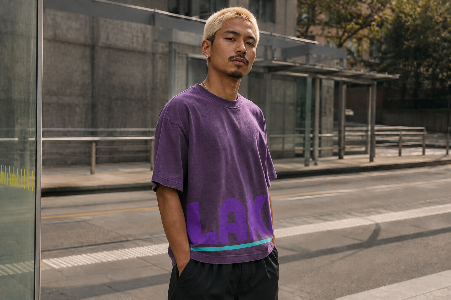 three-quarter view of the LAKI LOW SIGNAL T-shirt on the same model