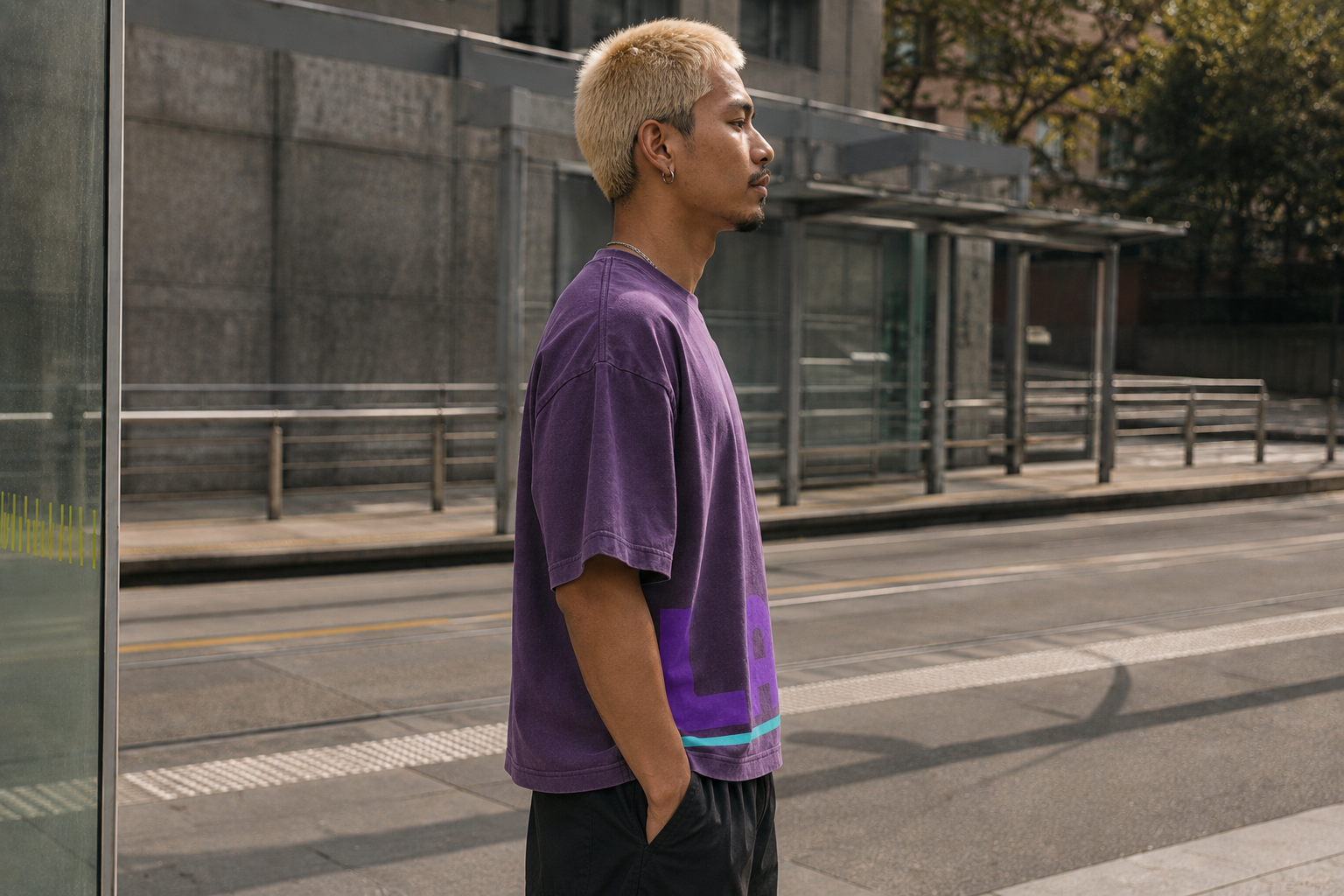 side view of the LAKI LOW SIGNAL T-shirt on the same model