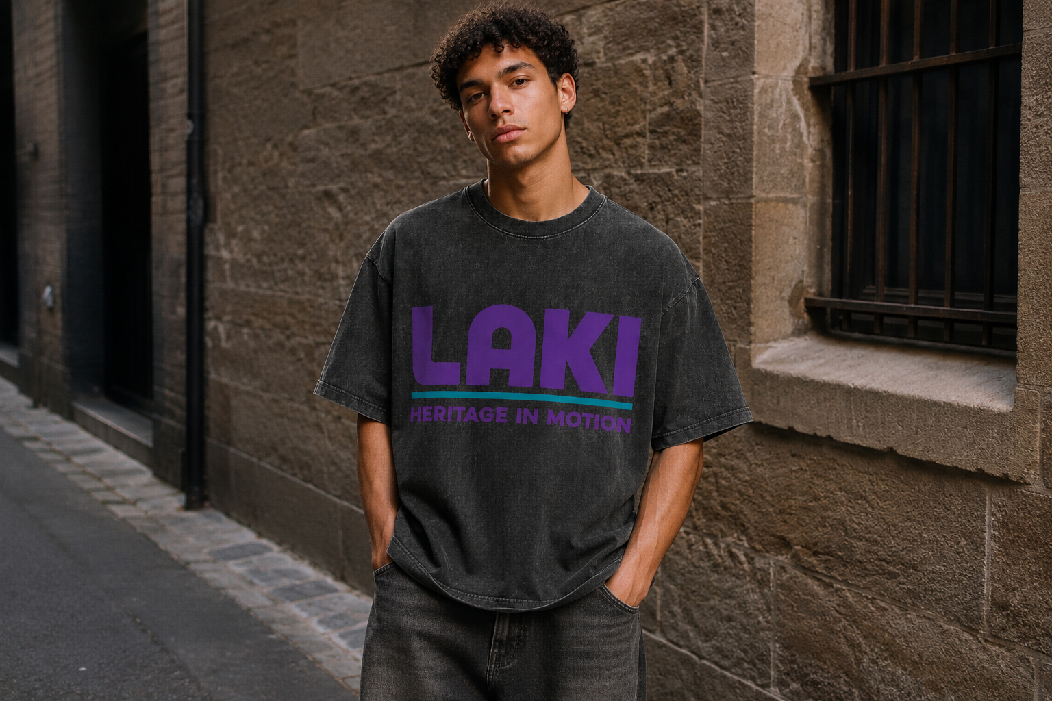 front view of the LAKI WASHED SIGNAL T-shirt on the same model