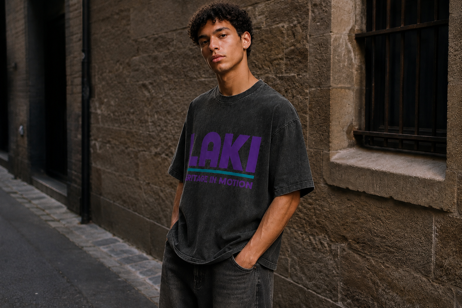 three-quarter view of the LAKI WASHED SIGNAL T-shirt on the same model