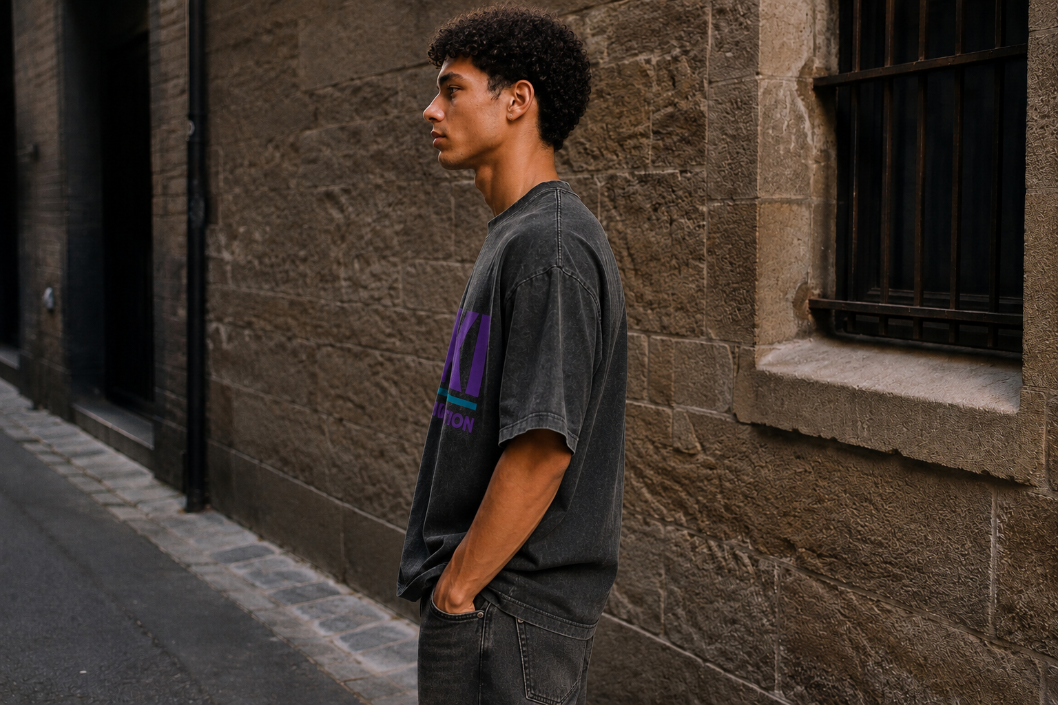 side view of the LAKI WASHED SIGNAL T-shirt on the same model